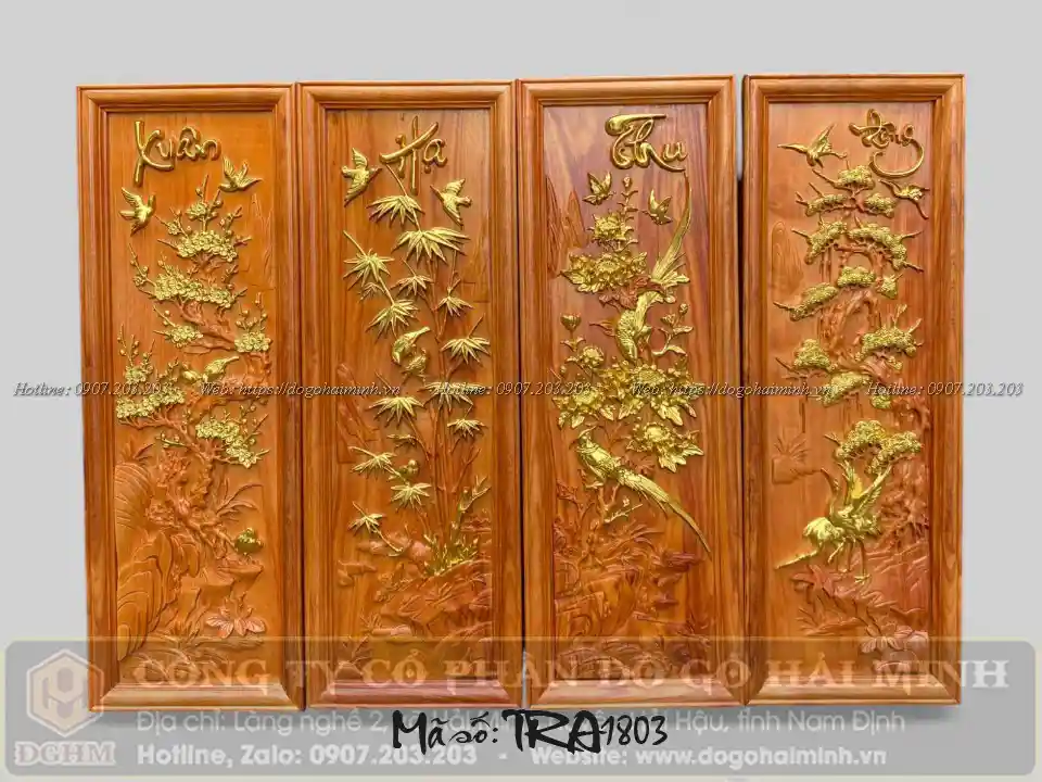 tranh tứ quý gỗ hương đỏ thếp vàng giá rẻ