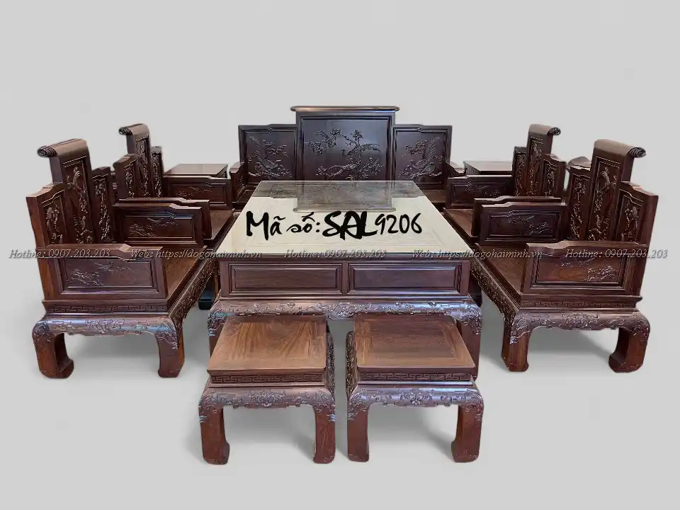 bộ ghế sơn thuỷ đục chim hoa gỗ trắc 10 món